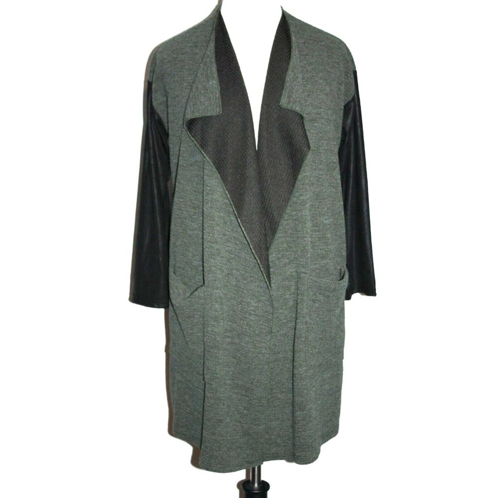 Ariella Women's Green Cardigan Sweater Open Front Faux Leather Sleeve Size Small